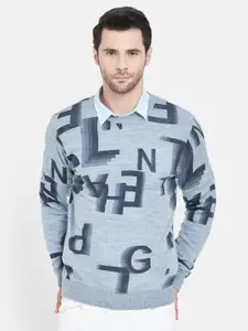 Duke Men Blue Typography Printed Wool Pullover Sweater