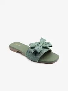 Gibelle Women Green Textured Open Toe Flats with Bows