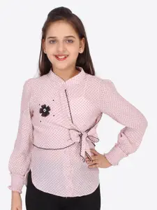 CUTECUMBER Pink & Black Mandarin Collar Printed Polka Dot Georgette Shirt Style Top