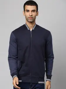 Campus Sutra Men Navy Blue Cotton Colourblocked Windcheater Bomber Jacket
