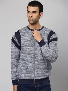 Campus Sutra Men Grey & Navy Blue Striped Cotton Windcheater Jacket