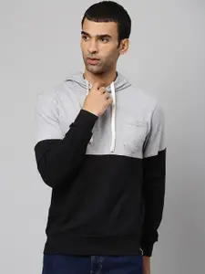Campus Sutra Men Black Colourblocked Hooded Cotton Sweatshirt