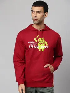 Campus Sutra Men Maroon Printed Hooded Cotton Sweatshirt