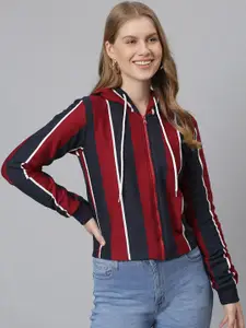Campus Sutra Women Maroon Striped Hooded Sweatshirt