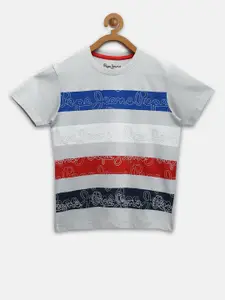 Pepe Jeans Boys Silver-Toned  Blue Striped Pure Cotton T-shirt