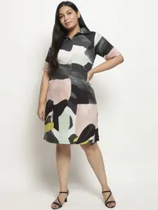 Amydus Women Plus Size Black & White Contemporary Art Printed Shirt Dress