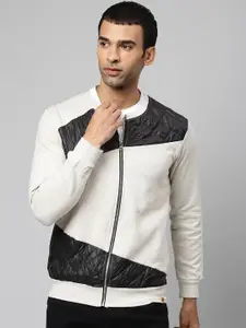 Campus Sutra Men Cream-Coloured Black Colourblocked Windcheater Bomber Jacket