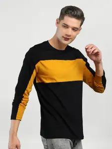 Maniac Men Black  Yellow Colourblocked Pure Cotton T-shirt