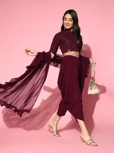 Libas Burgundy Solid Saree with Embellished Blouse