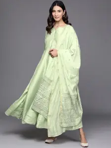 Libas Women Green Solid Maxi Dress with Printed Dupatta