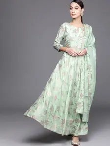 Libas Women Green & Peach-Coloured Ethnic Motifs Maxi Dress with Dupatta