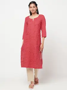 Fabindia Women Pink Pure Cotton Ruched Straight Kurta