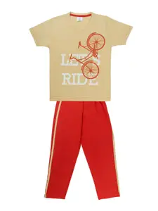 Todd N Teen Boys Camel Brown & Red Printed Cotton T-shirt with Pyjamas