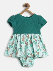 MINI KLUB Kids-Girls Green & Brown Floral Dress with Brief & Socks