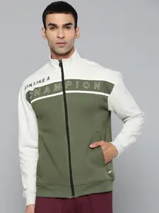 Alcis Men Olive Green & Grey Melange Cotton Colourblocked Sweatshirt