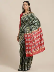 Mitera Green & Red Woven Design Silk Cotton Banarasi Saree