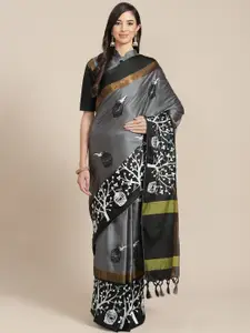 RAJGRANTH Grey & Black Ethnic Motifs Embroidered Silk Cotton Saree