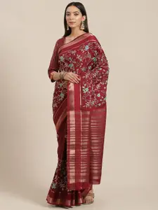 RAJGRANTH Maroon Floral Embroidered Silk Cotton Ready to Wear Saree