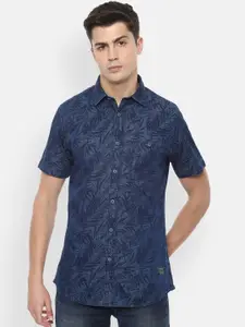 VAN HEUSEN DENIM LABS Men Navy Blue Slim Fit Floral Opaque Printed Casual Shirt
