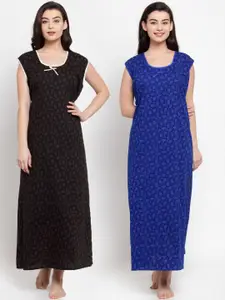 Secret Wish Women Pack Of 2 Black & Blue Printed Maxi Nightdress