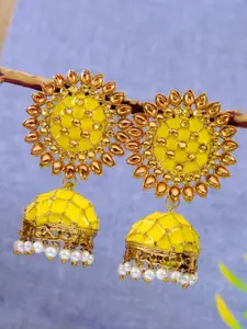 Crunchy Fashion Gold-Toned & Yellow Dome Shaped Jhumkas Earrings