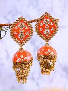 Crunchy Fashion Gold Plated Orange Dome Shaped Jhumkas Earrings