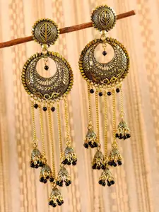 Crunchy Fashion Gold-Plated Gold-Toned & Black Beaded Multilayer Jhumkas Earrings