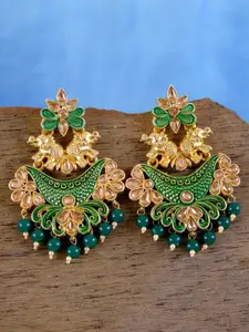 Crunchy Fashion Gold Plated Gold-Toned & Green Ganpati Design Chandbalis Earrings