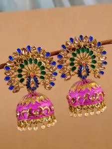 Crunchy Fashion Gold Plated Purple Peacock Shaped Jhumkas Earrings