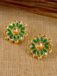 Crunchy Fashion Gold-Plated Gold-Toned & Green Floral Studs Earrings