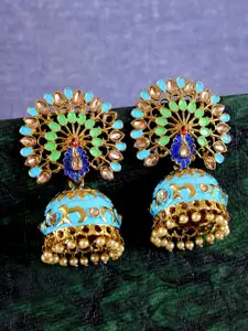 Crunchy Fashion Gold-Toned & Blue Peacock Shaped Jhumkas Earrings