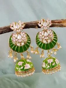 Crunchy Fashion Gold-Plated & Green Contemporary Jhumkas