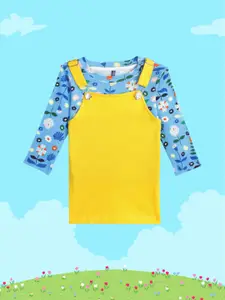 YK Yellow & Blue Pure Cotton Pinafore Dress with T-shirt