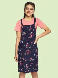 YK Pink & Navy Blue Floral Pinafore Dress with T-shirt