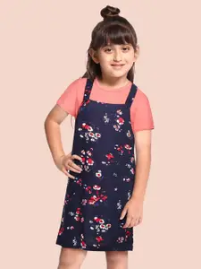 YK Pink & Navy Blue Floral Pinafore Dress with T-shirt