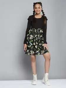 YK Girls Black & Green Floral Print Fit & Flare Dress
