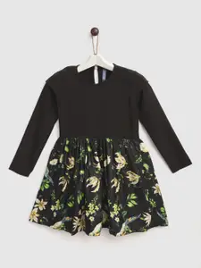 YK Girls Black & Yellow Floral Print Fit & Flare Dress