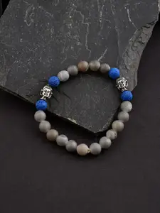 Tistabene Men Grey & Blue Stones & Buddha Face Silver-Plated Elasticated Bracelet