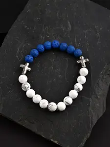 Tistabene Men White & Blue Rhodium-Plated Elasticated Ethnic Bracelet