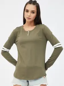 Harpa Women Olive Green  White Henley Neck Pure Cotton T-shirt