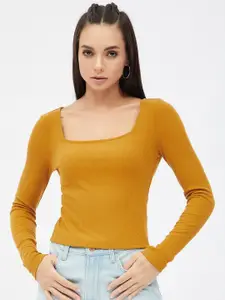 Harpa Women Mustard Yellow Solid Fitted Crop Top