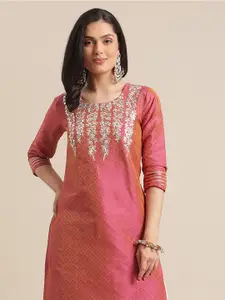 Varanga Women Coral Dual Tone Floral Gota Patti Embroidered Jacquard Kurta