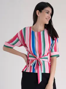 FableStreet Multicoloured Striped Cinched Waist Top