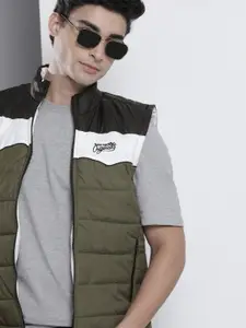 The Indian Garage Co Men Olive Green & White Striped Padded Jacket