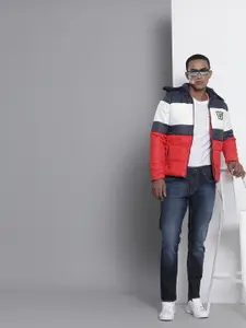 The Indian Garage Co Men Colourblock Slim Fit Puffer Jacket with Detachable Hood