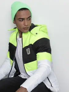 The Indian Garage Co Men Colourblock Slim Fit Puffer Jacket with Detachable Hood