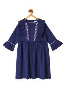 Miyo Girls Blue & Pink Floral Embroidered A-Line Dress