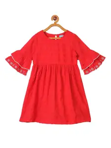 Miyo Girls Red Self Design Fit and Flare Dress
