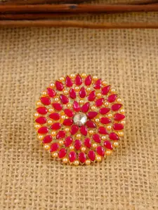 Crunchy Fashion Women Gold-Plated Red Stone-Studded Meenakari Adjustable Finger Ring