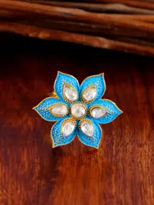 Crunchy Fashion Gold-Plated Kundan Studded Blue Meenakari Finger Ring